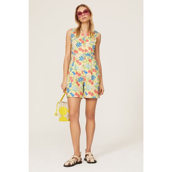 Rachel Antonoff Kitty Strawberry Fruit Print Sleeveless Collared Linen Romper 0